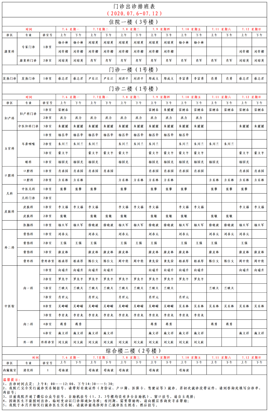 岳池县中医医院门诊排班，2020.7.6-7.12
