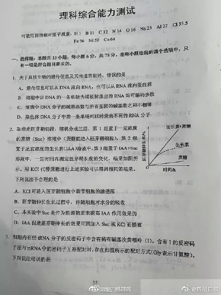 2020四川高考试题及答案公布——理科综合！