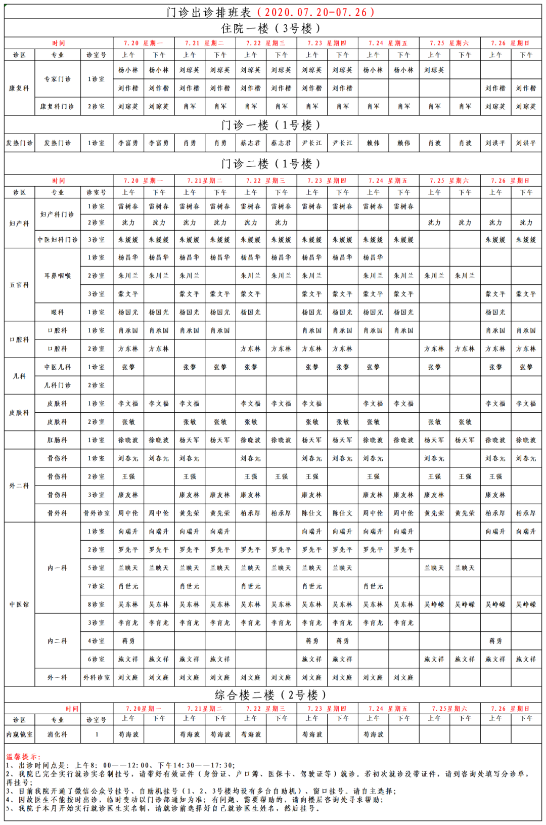 岳池县中医医院门诊排班，2020.7.20-7.26