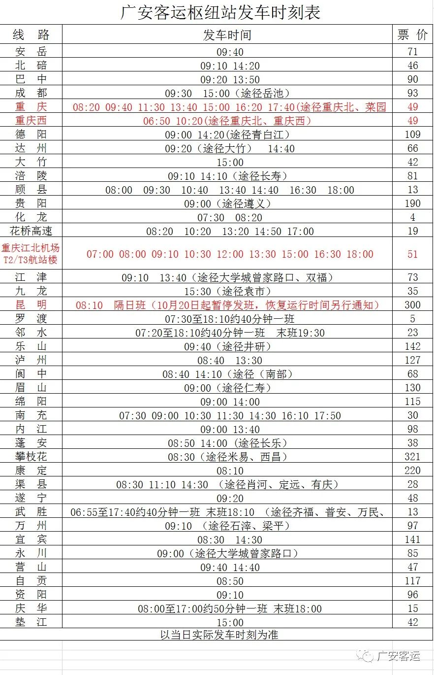 广安客运枢纽站最新时刻表，10月20日起，广安客运枢纽站昆明班线，暂停发班