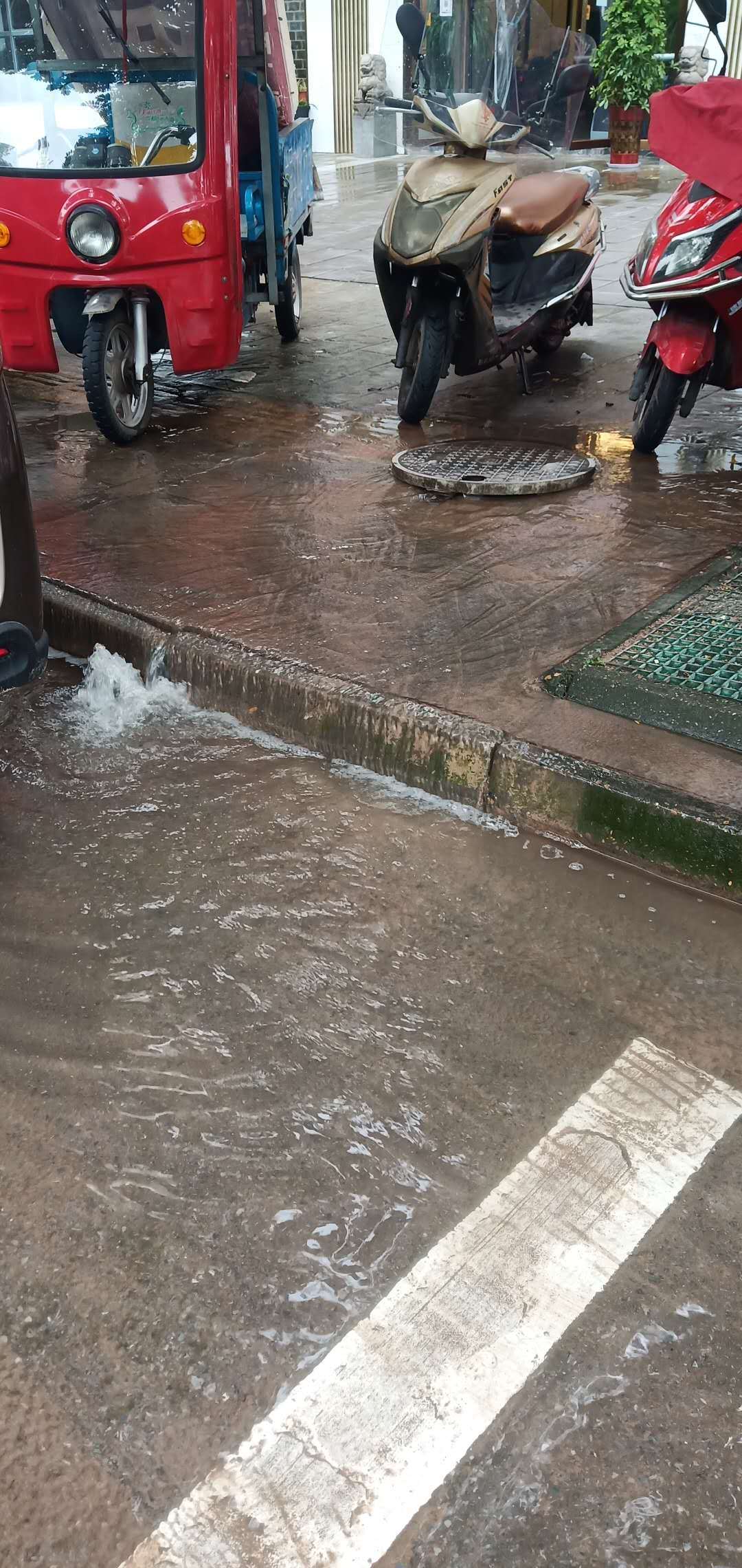 岳池滨江国际酒楼 位置， 大道下水道往外冒水 ，如图