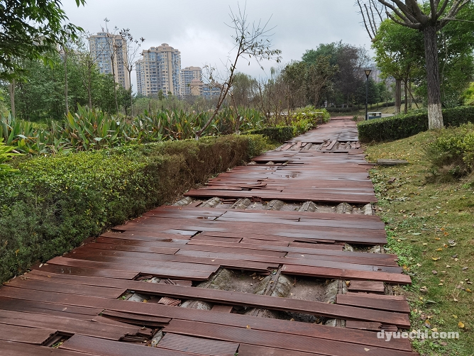 岳池县城一公园木板路到处是“窟窿” 市民盼早日维修